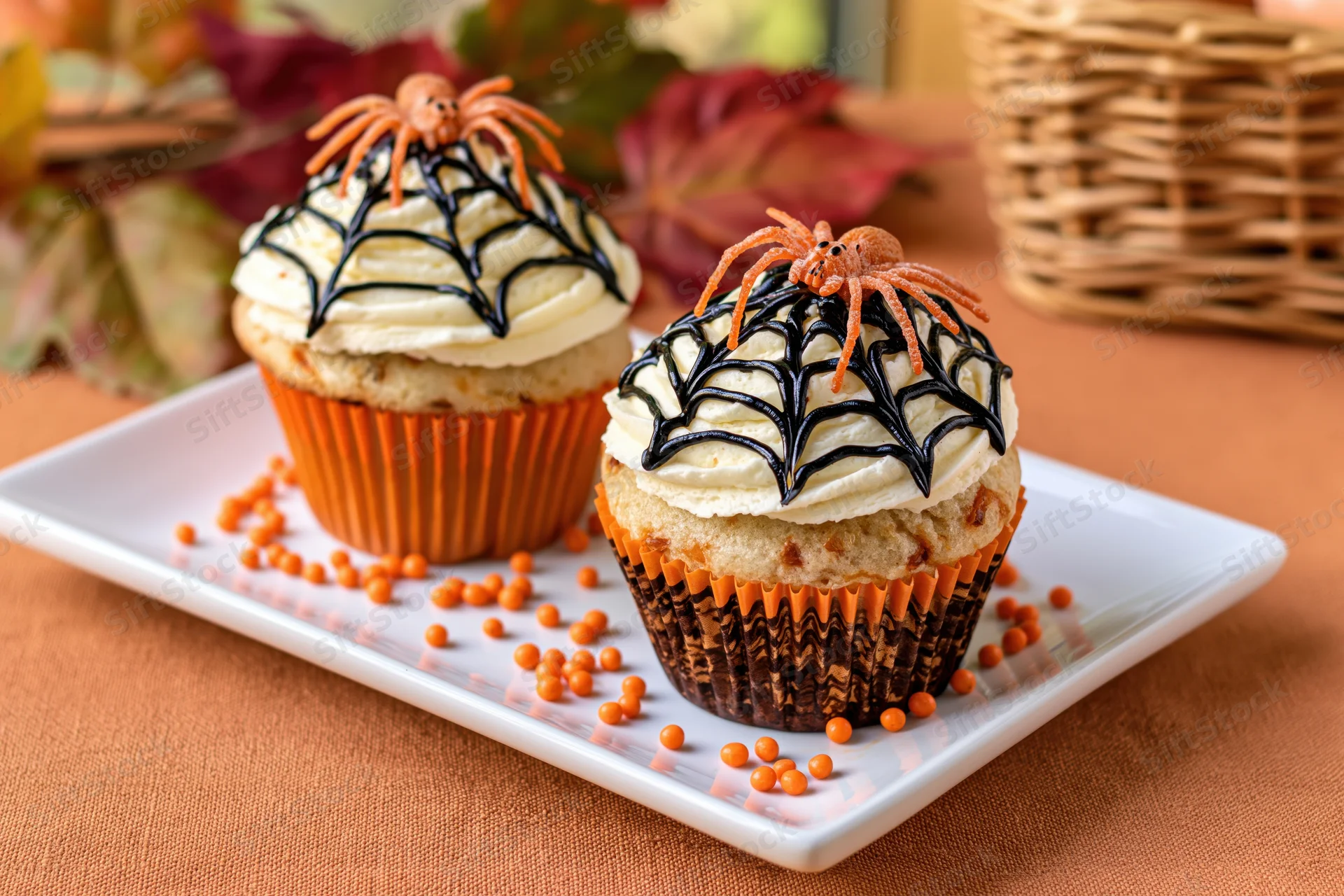 Two halloween cupcakes with spiderweb frosting and candy spiders on a white plate