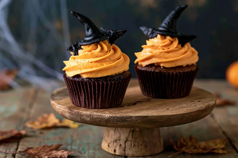 Two halloween cupcakes with orange frosting and witch hats on a wooden stand