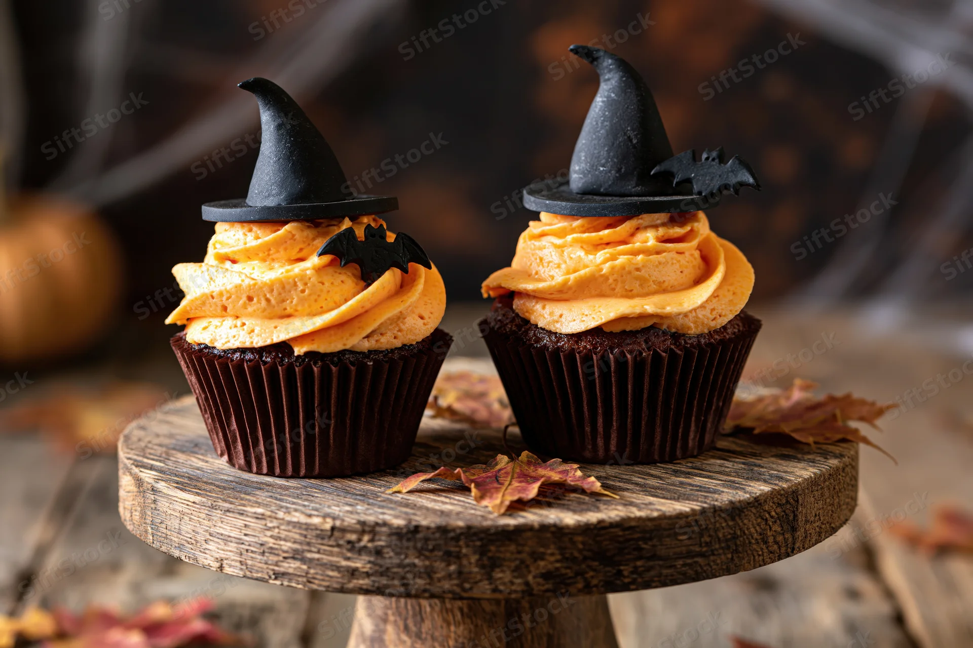Two halloween cupcakes with orange frosting and witch hats on a wooden stand surrounded by autumn leaves