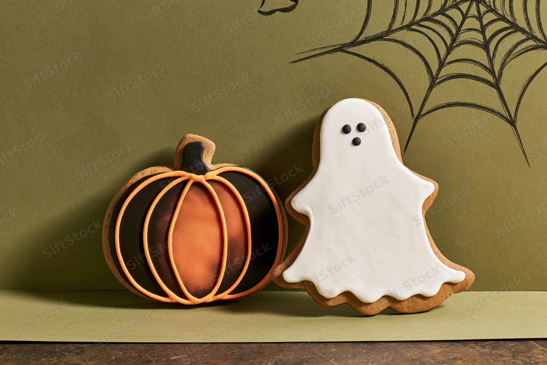 Two halloween gingerbread cookies shaped as a pumpkin and a ghost on a green surface with a spiderweb design behind them