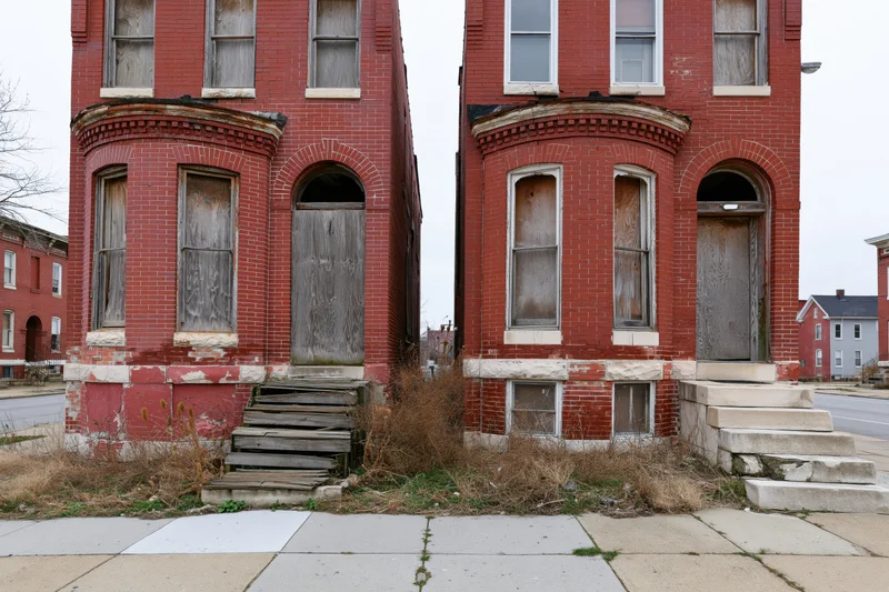 Two abandoned red brick rowhouses side by side on a city street with boarded windows and overgrown weeds