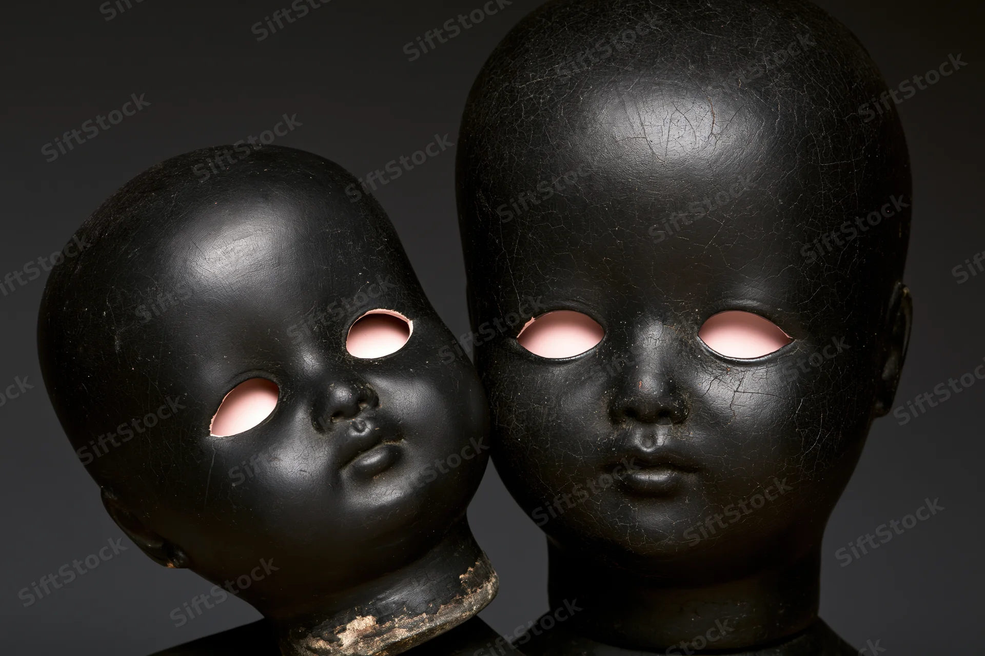 Two black-painted antique doll heads side by side, one smaller, with pink eye sockets, cracked surface, studio lighting