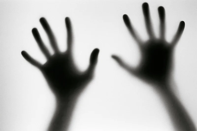 Blurred hands pressed against frosted glass in a monochrome silhouette
