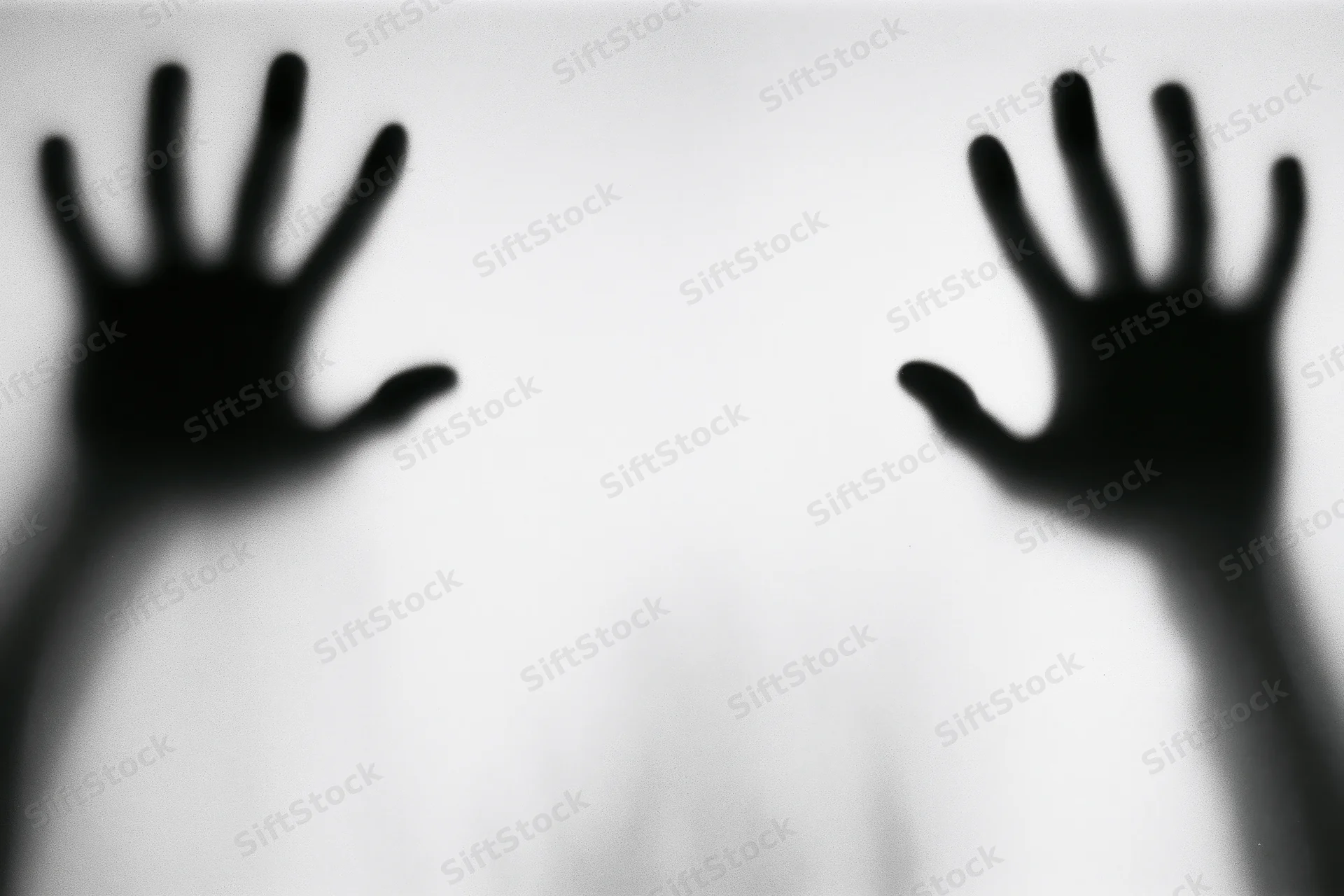 Blurred hands pressed against frosted glass in a monochrome horror scene