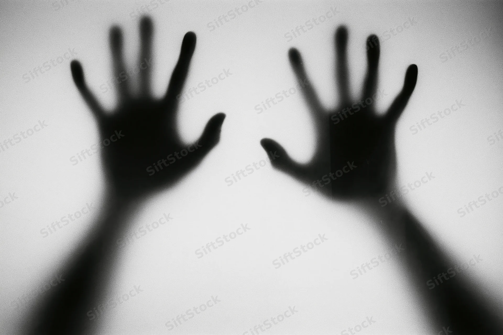 Blurred hands pressed against frosted glass in silhouette