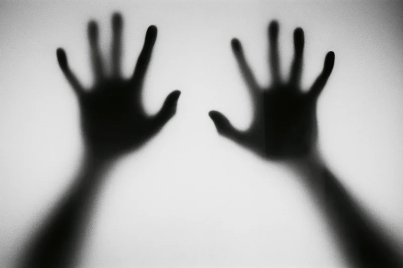 Blurred hands pressed against frosted glass in silhouette