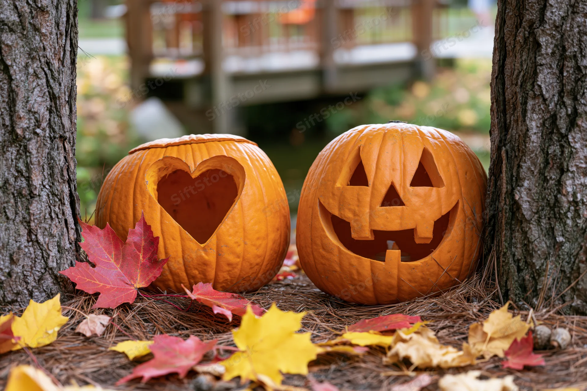 Two carved pumpkins with heart and jack-o-lantern faces resting on pine needles between trees in an autumn garden