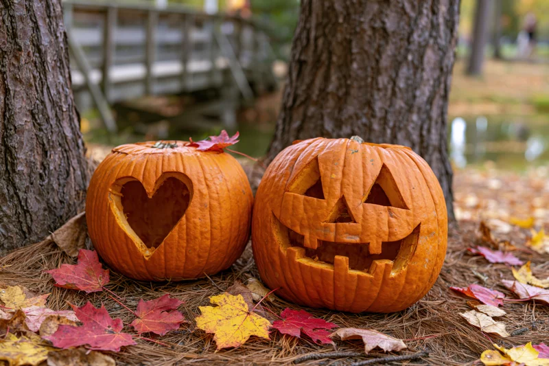 Two carved pumpkins with heart and jack-o-lantern faces resting on pine needles in a forest setting