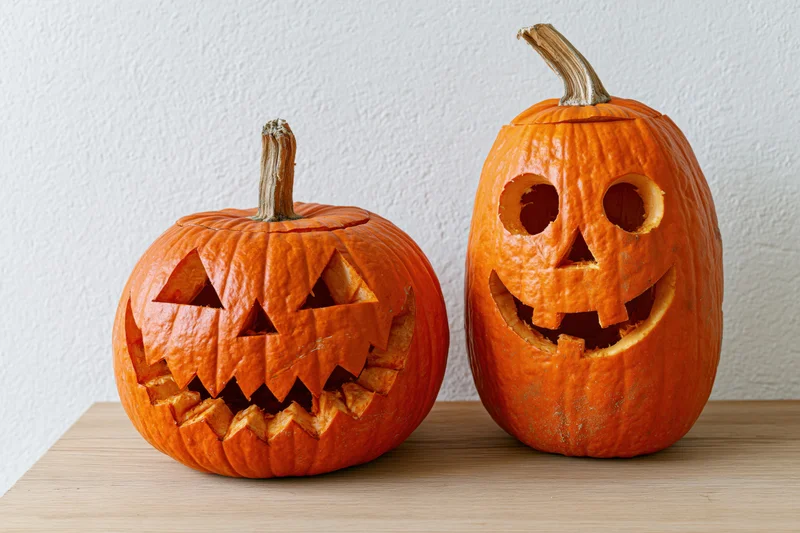 Two carved pumpkins with jack-o-lantern faces sitting side by side on a wooden table