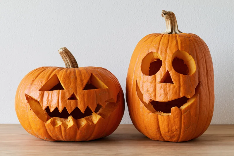 Two carved pumpkins with jack-o-lantern faces sitting side by side on a wooden table