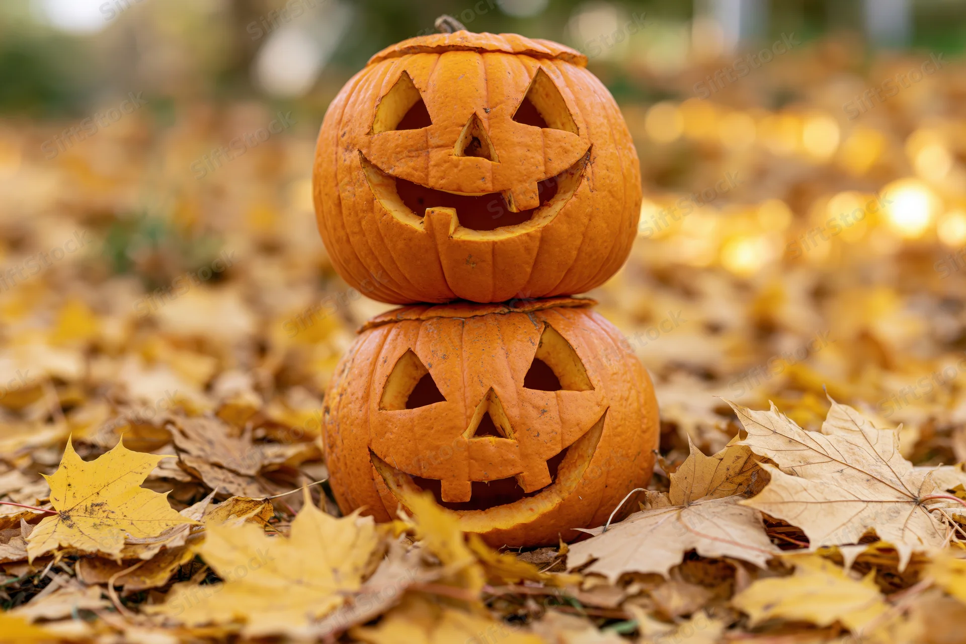 Two carved jack-o-lanterns stacked on autumn leaves outdoors