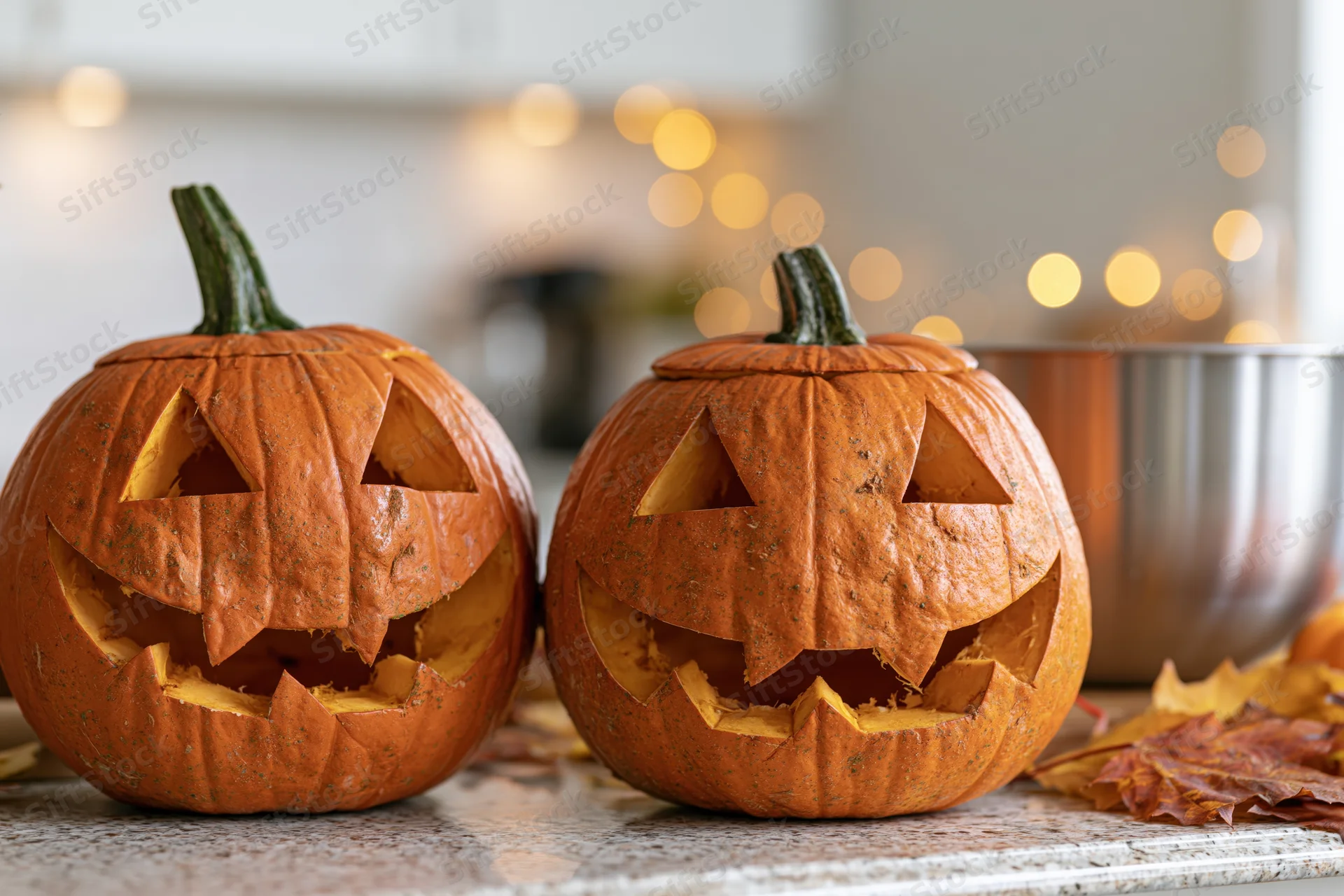 Two carved jack-o-lanterns with triangle eyes and jagged mouths on a kitchen countertop surrounded by autumn leaves and warm bokeh lights