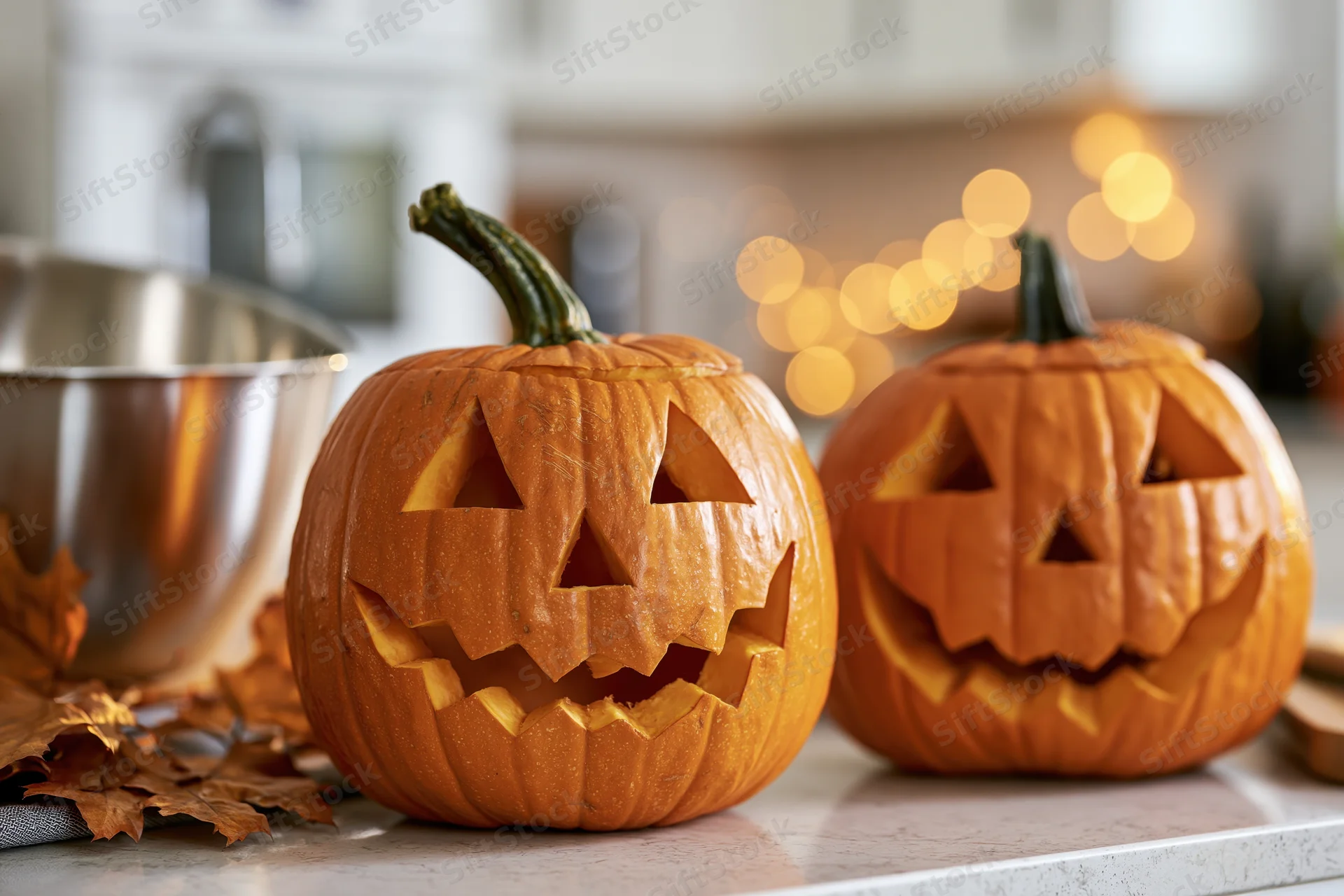 Two carved jack-o-lanterns on a kitchen countertop with autumn leaves and warm bokeh lights in the background
