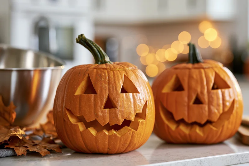 Two carved jack-o-lanterns on a kitchen countertop with autumn leaves and warm bokeh lights in the background
