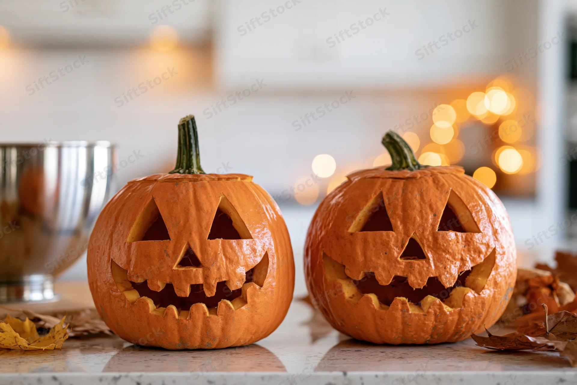 Two carved jack-o-lanterns on a kitchen countertop surrounded by autumn leaves and warm bokeh lights