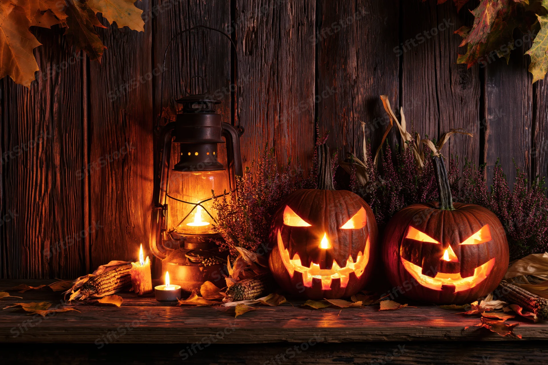 Two carved jack-o-lanterns glowing with candlelight on a rustic wooden table surrounded by autumn leaves and corn husks