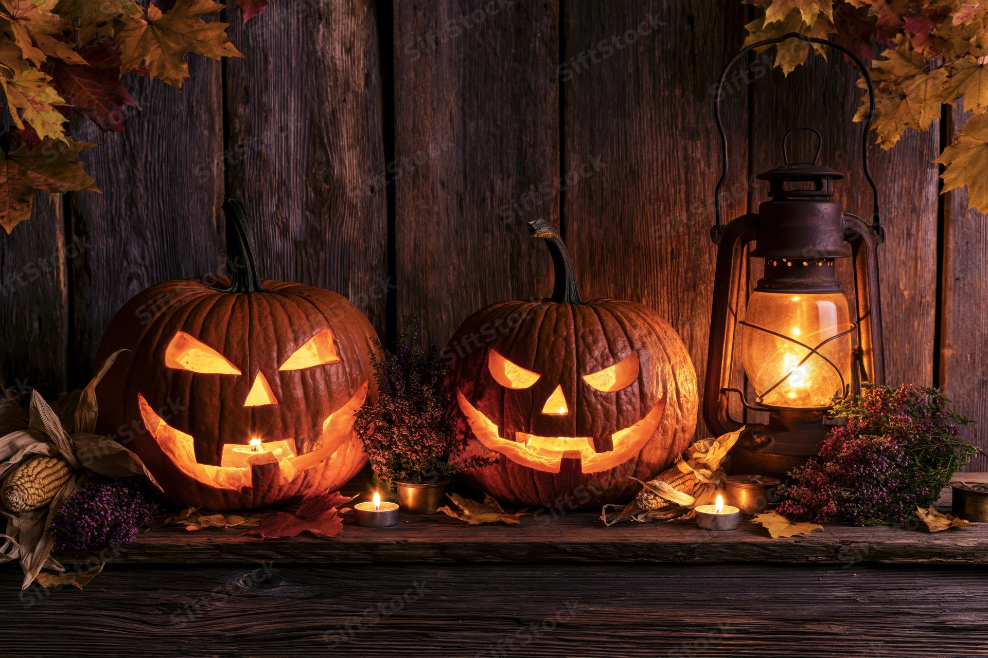 Two carved jack-o-lanterns glowing with candlelight on a wooden shelf surrounded by autumn leaves and a lantern