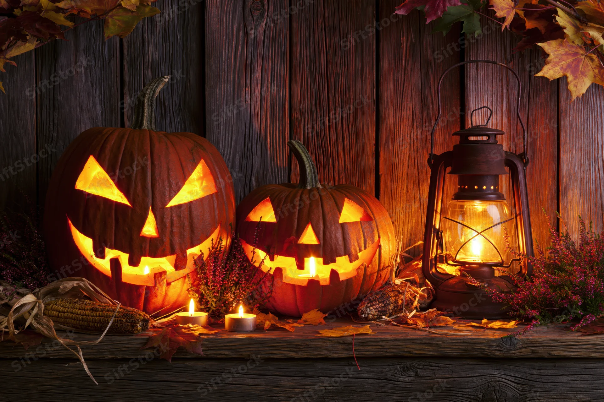 Two carved jack-o-lanterns glowing with candlelight on a wooden porch decorated with autumn leaves and corn husks