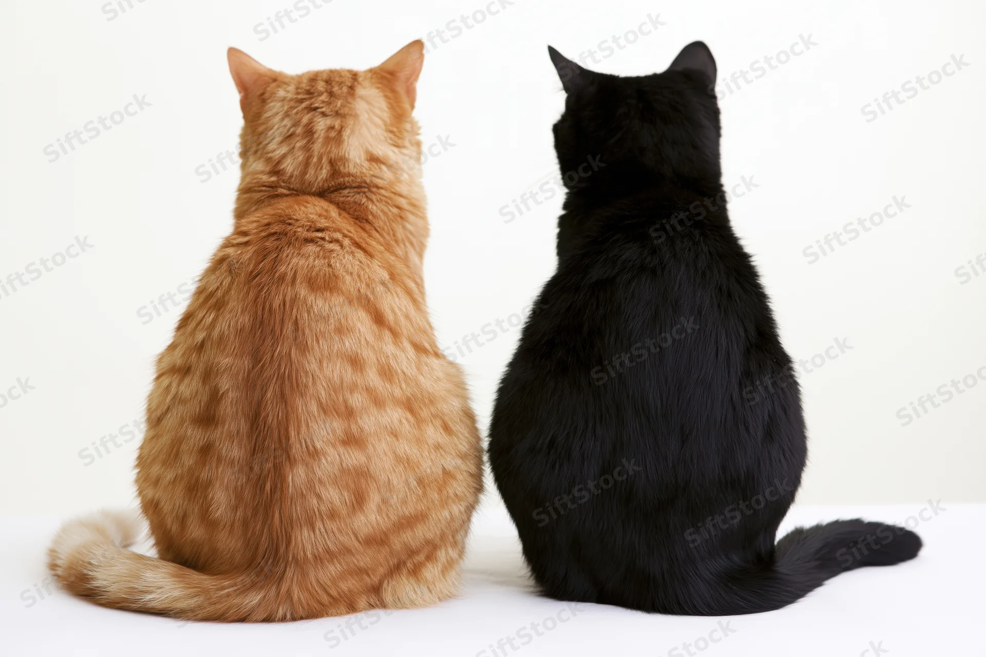 Two cats sitting side by side facing away from camera on white background
