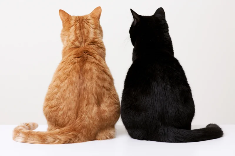 Two cats sitting side by side facing away from camera on white surface