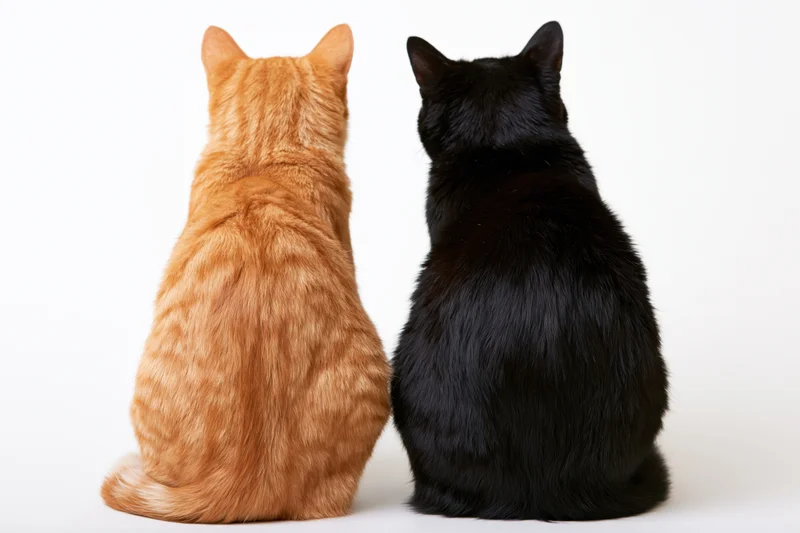 Two cats sitting side by side facing away from camera on white background