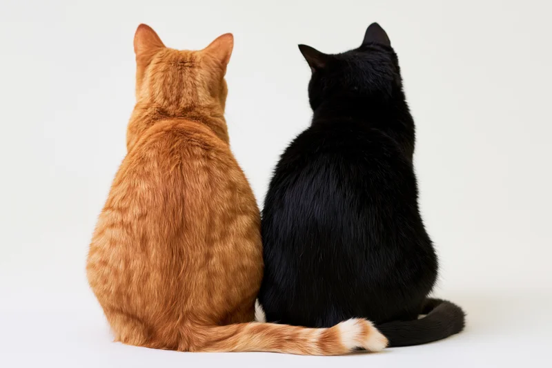 Two cats sitting side by side facing away from camera on white background