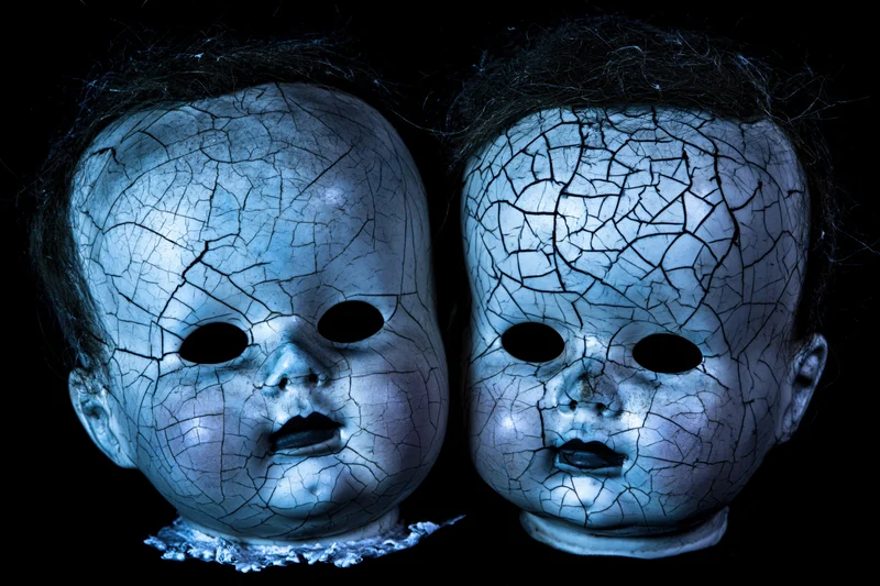 Two cracked vintage baby doll heads side by side against black background