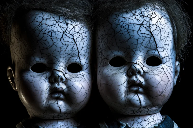 Two cracked vintage baby doll heads side by side with hollow black eyes