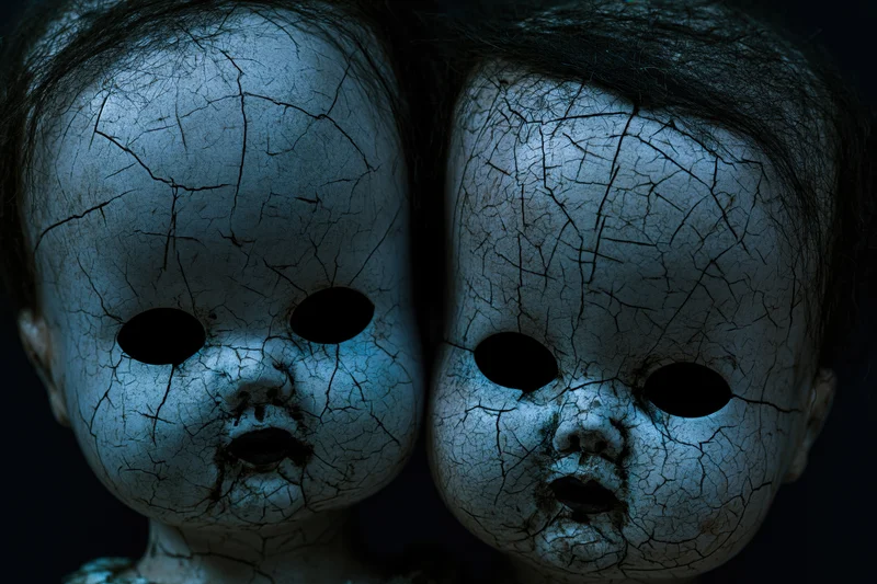 Two cracked vintage baby doll heads side by side in dim blue light