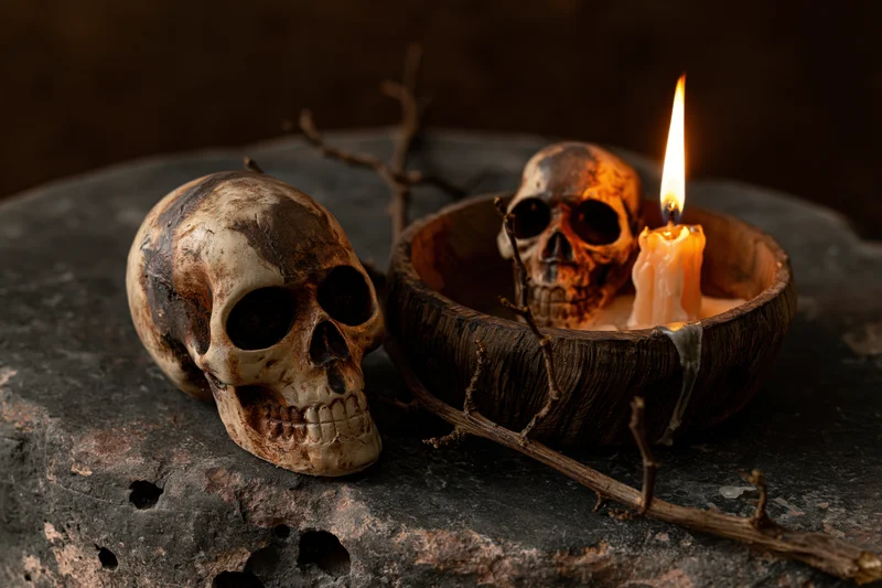 Two decorative ceramic skulls arranged with a lit candle in a wooden bowl on a dark weathered stone surface