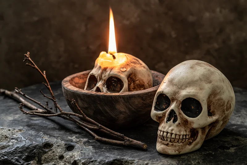 Decorative ceramic skull figurines with lit candle in wooden bowl on dark stone surface