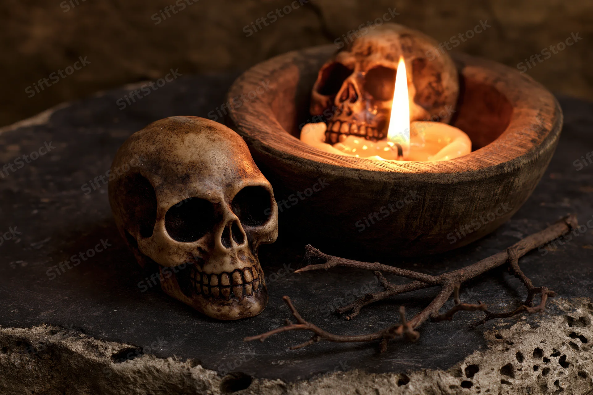 Two decorative skulls arranged with a lit candle in a wooden bowl on a stone surface, surrounded by a dry branch