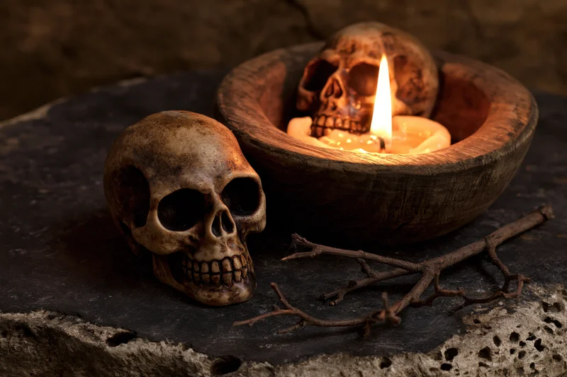 Two decorative skulls arranged with a lit candle in a wooden bowl on a stone surface, surrounded by a dry branch