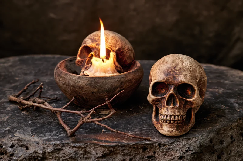 Ceramic skull figurines with lit candle and twigs on dark stone surface