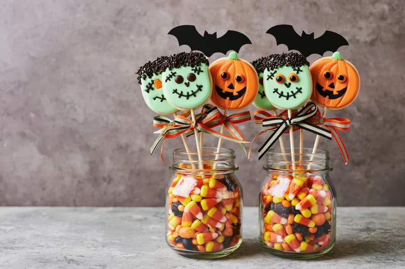 Halloween-themed cake pops with zombie and pumpkin faces in glass jars filled with candy corn and mixed candies on a stone surface