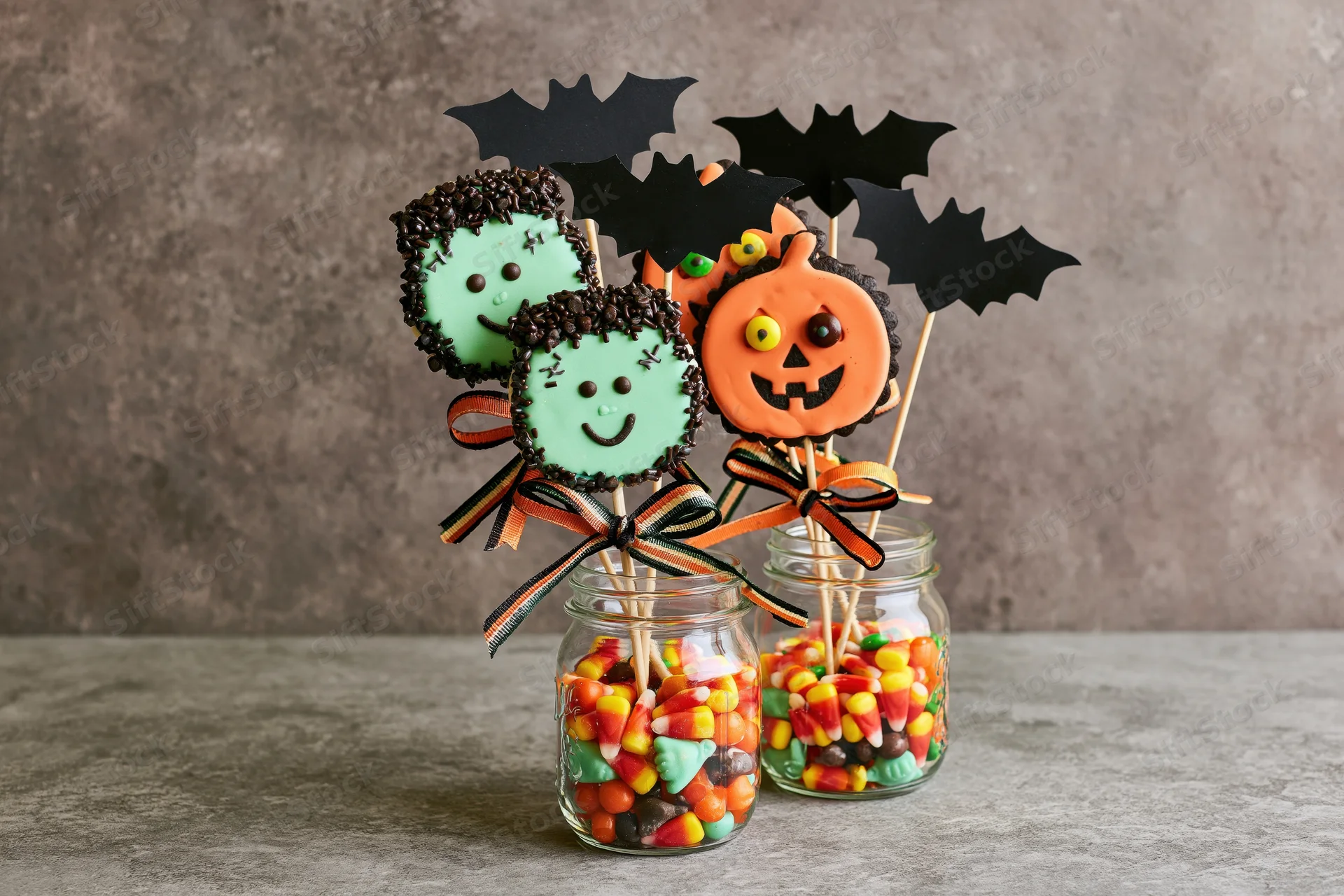 Halloween-themed cake pops with zombie and pumpkin faces on sticks, arranged in glass jars filled with candy corn and mixed candies on a gray surface