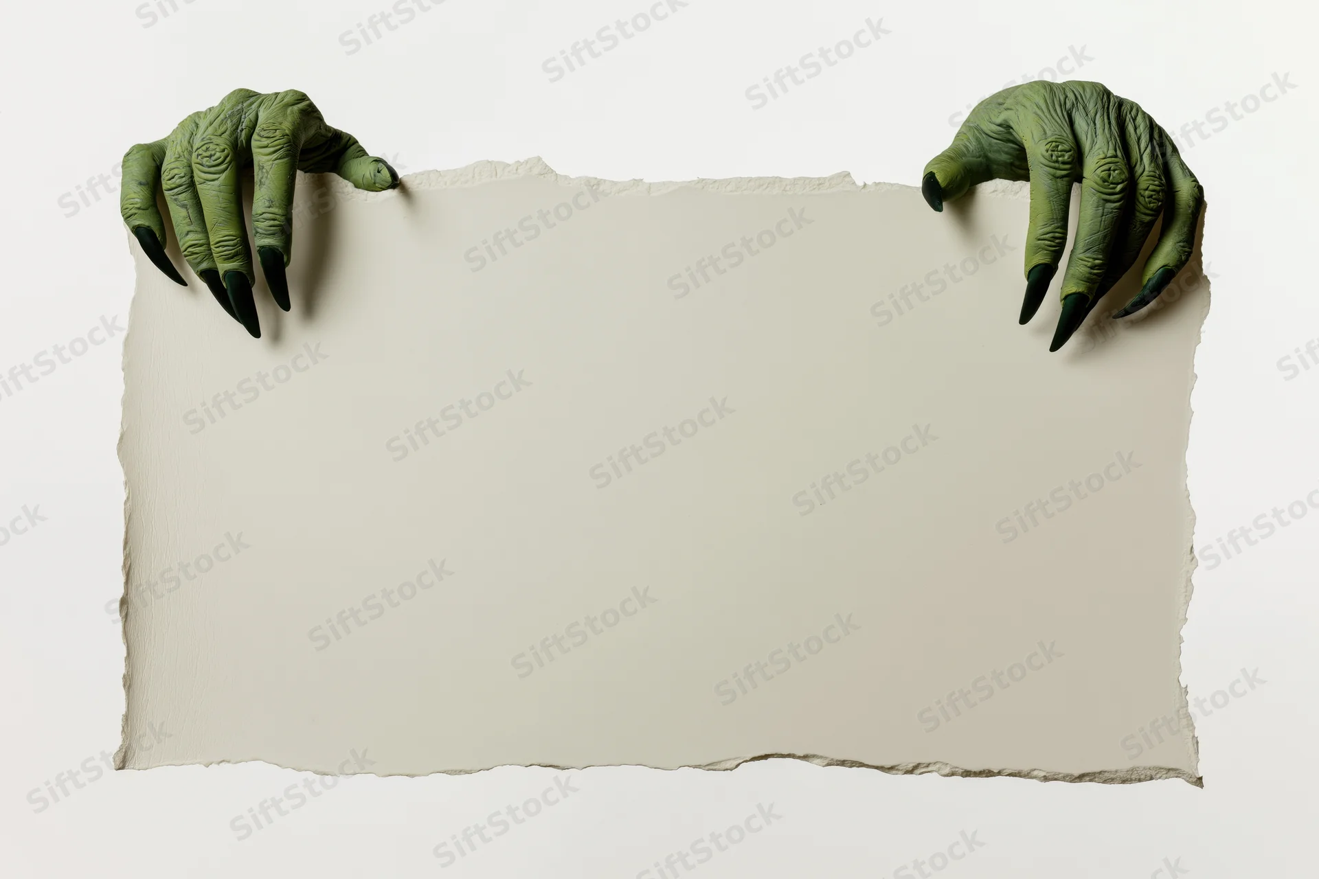 Green monster hands gripping torn paper with copyspace below