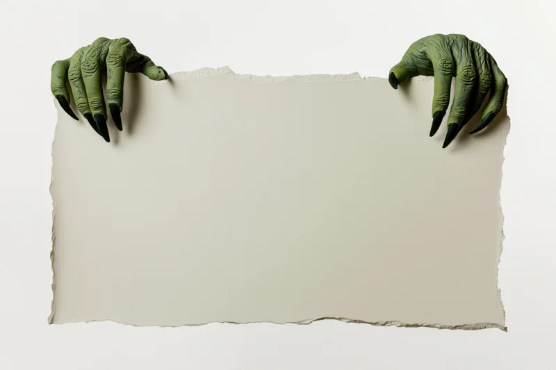 Green monster hands gripping torn paper with copyspace below