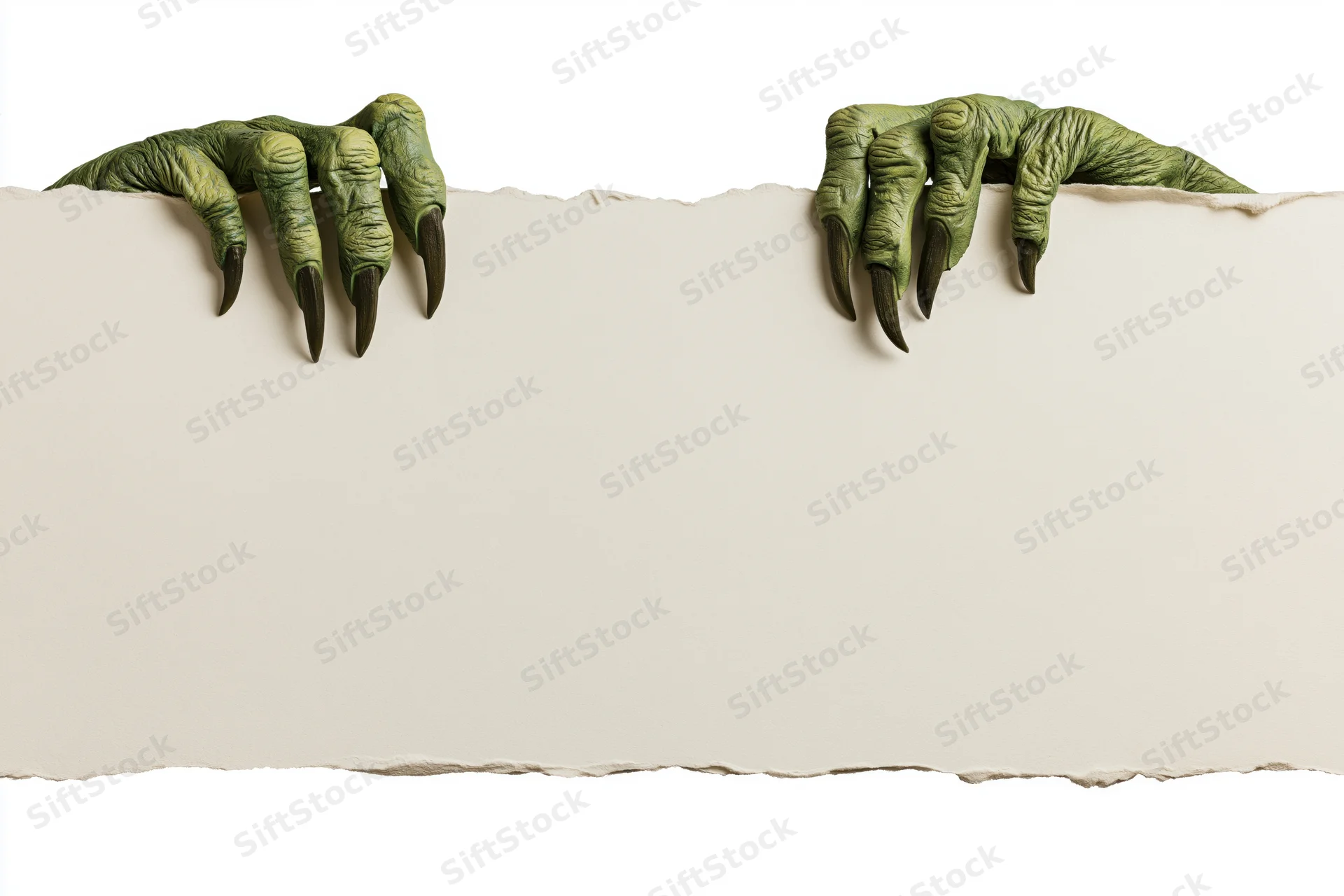 Two green monster hands with long dark claws gripping the top of a torn paper banner, isolated on white background with copyspace below