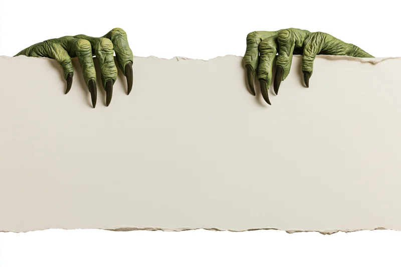 Two green monster hands with long dark claws gripping the top of a torn paper banner, isolated on white background with copyspace below