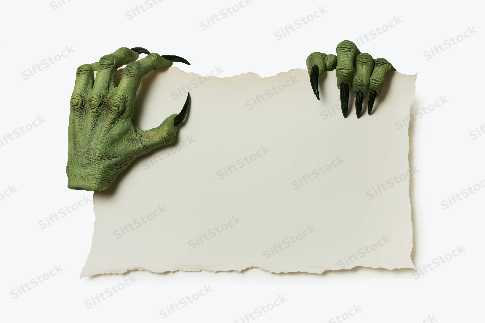 Green monster hands with long claws gripping the top of a torn paper sheet against white background