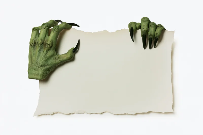 Green monster hands with long claws gripping the top of a torn paper sheet against white background