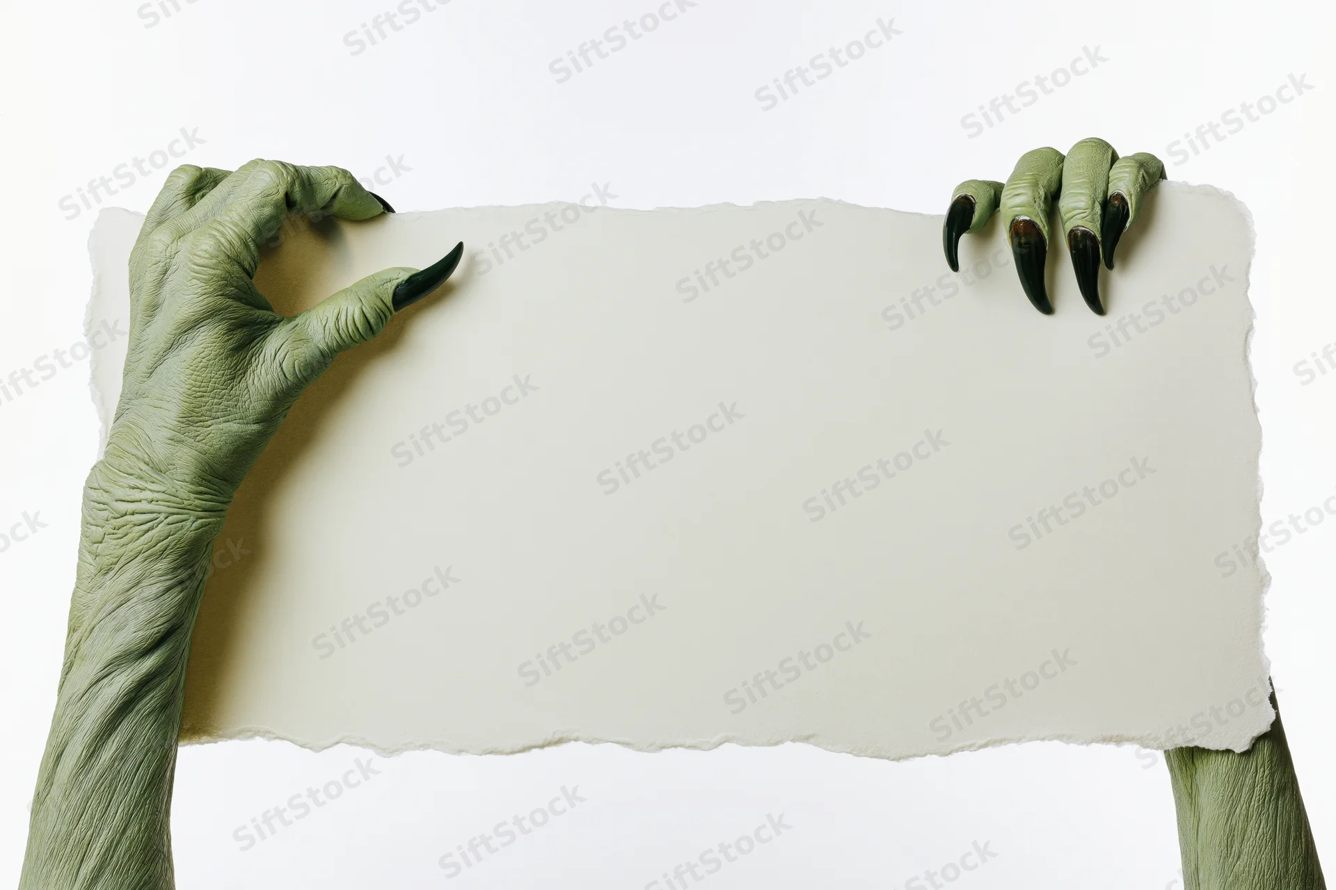 Green monster hands gripping a blank paper sign against white background