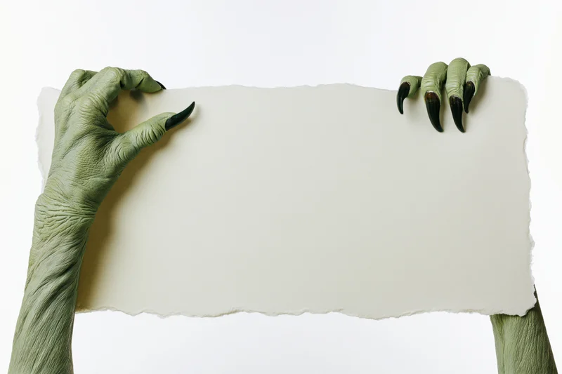 Green monster hands gripping a blank paper sign against white background