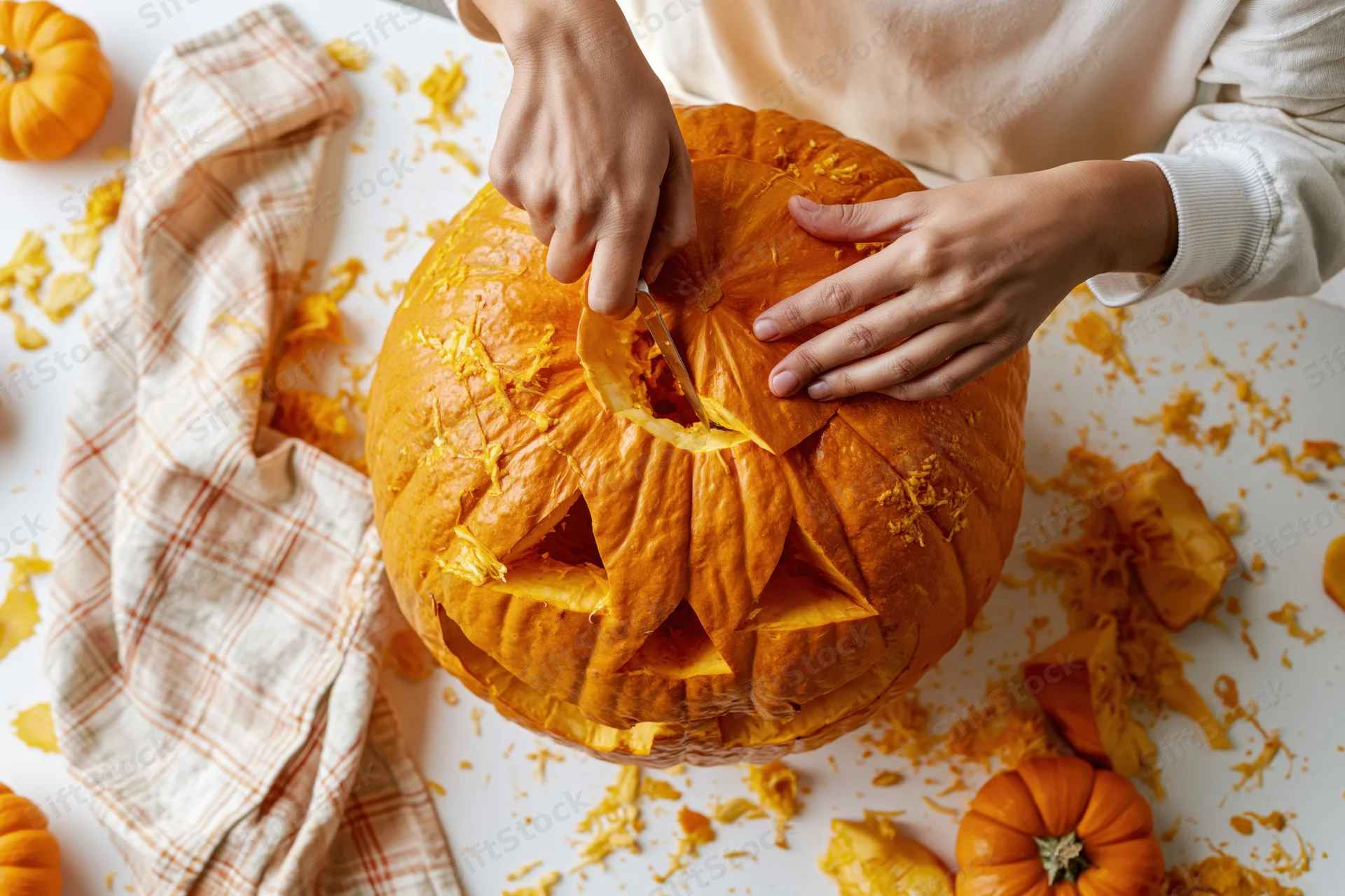 Hands carving a jack-o-lantern face into a large orange pumpkin on a white table with scattered pumpkin pieces and a plaid cloth nearby
