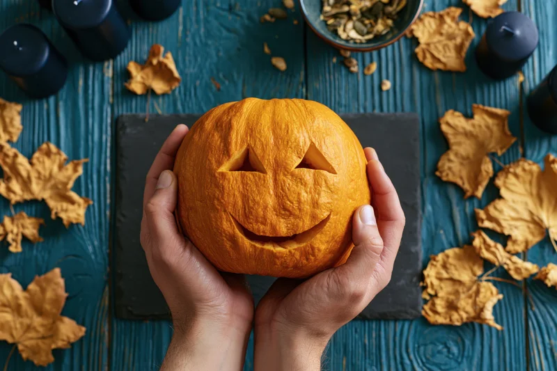 Hands holding a carved orange jack-o-lantern on a blue wooden table surrounded by dried leaves and candles