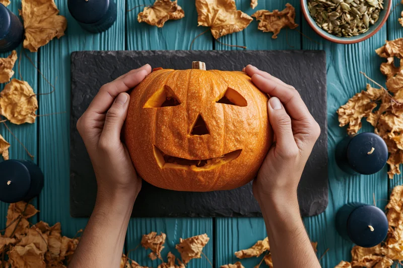 Hands holding carved jack-o-lantern on slate board surrounded by autumn leaves and candles