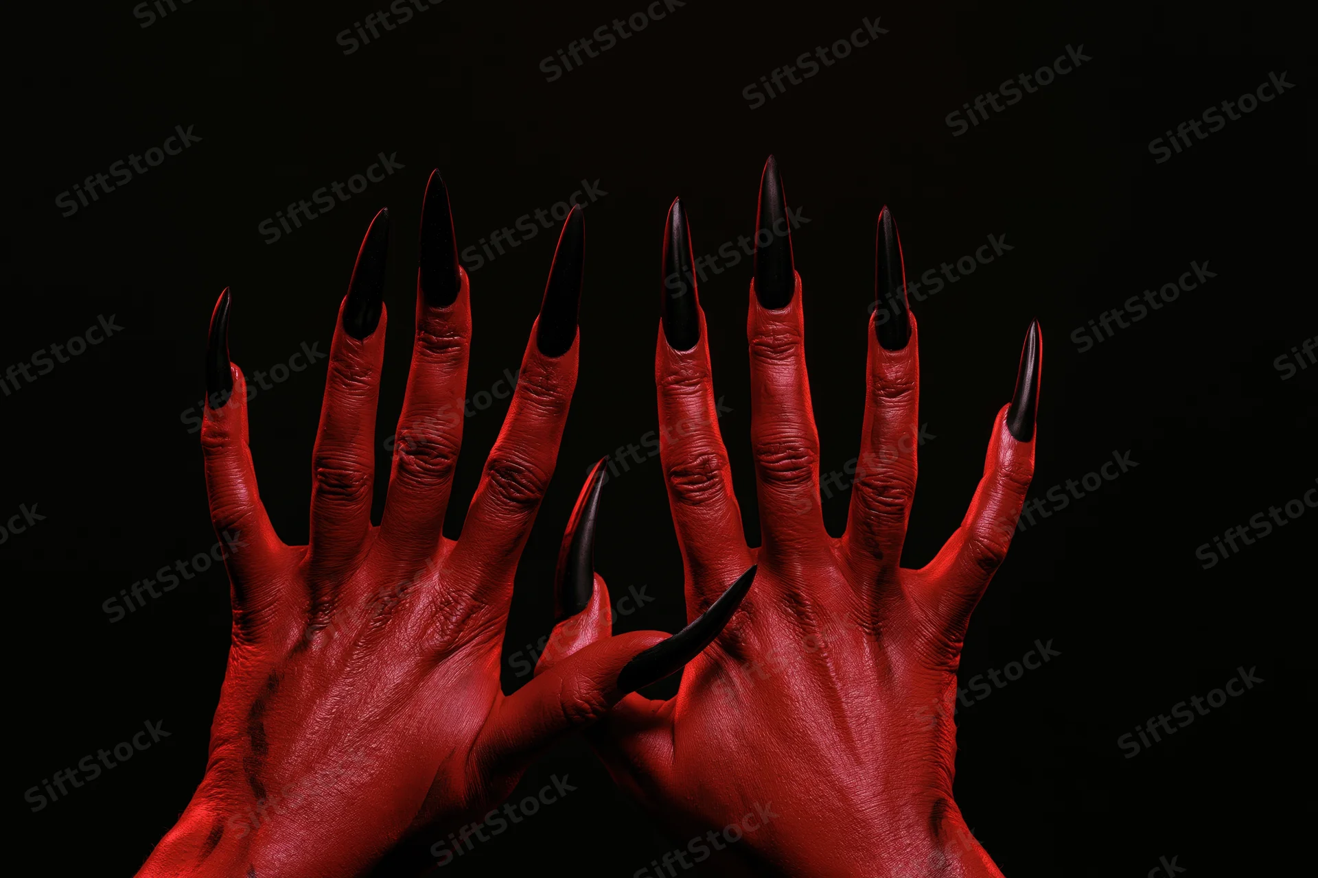 Red-painted hands with long black claws against black background