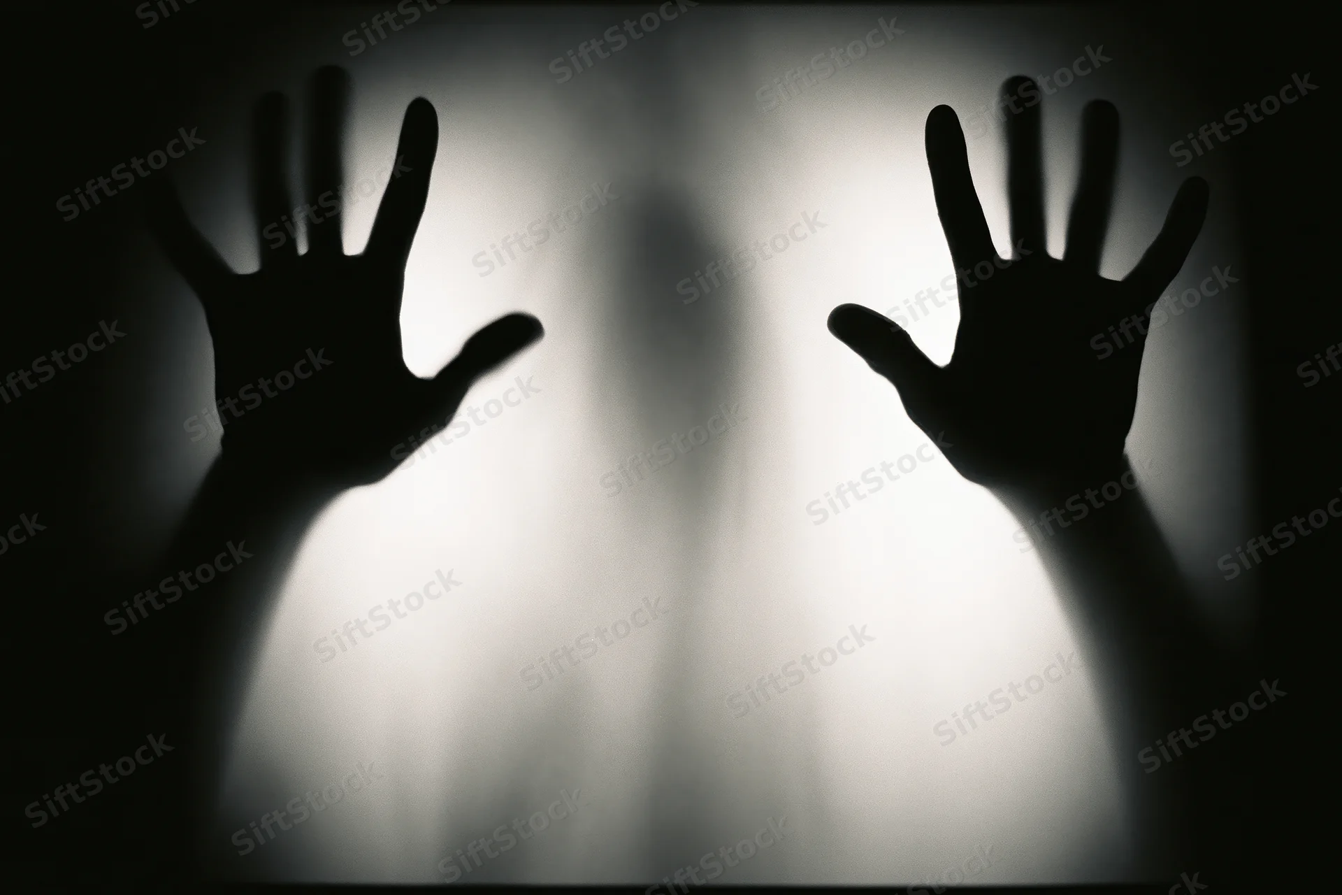 Silhouetted hands pressed against frosted glass in a darkened space