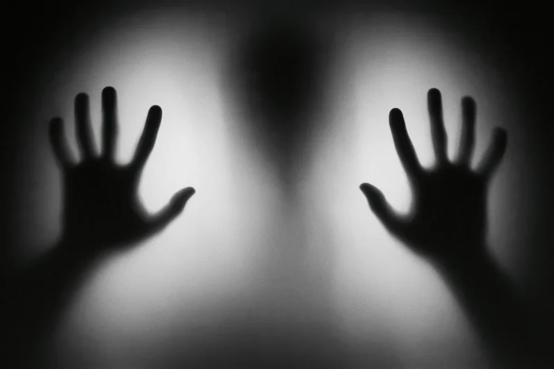 Shadowy hands pressed against frosted glass in a dark interior